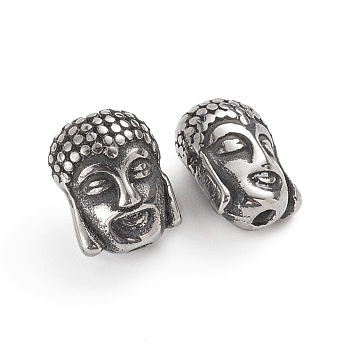 Buddhist 304 Stainless Steel Beads, Buddha Head, Antique Silver, 11.5x9x7mm, Hole: 1.8mm