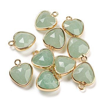 Natural Green Aventurine Faceted Heart Charms, with Golden Tone Brass Edge, 13.5x11x5mm, Hole: 1.6mm
