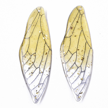 Transparent Epoxy Resin Big Pendants, with Gold Foil, Insects Wing, Yellow, 51x16.5x1~2.5mm, Hole: 1.2mm