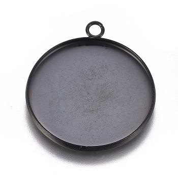 304 Stainless Steel Pendant Cabochon Settings, Plain Edge Bezel Cups, Flat Round, Electrophoresis Black, Tray: 25mm, 30.5x26.5x2mm, Hole: 2.2mm