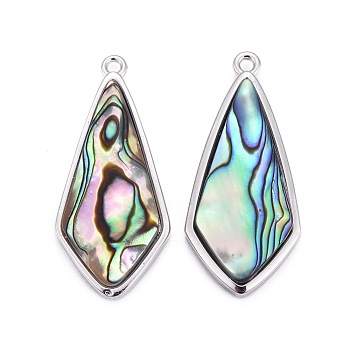 Natural Abalone Shell/Paua Shell Pendants, with Brass Findings, Kite, Platinum, 30x13.5x4mm, Hole: 1.4mm