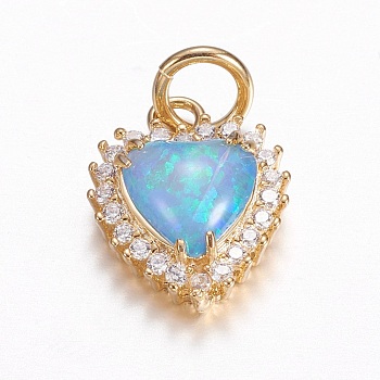 Brass Micro Pave Cubic Zirconia Charms, with Synthetic Opal, Heart, Golden, Light Sky Blue, 14x11.5x5mm, Hole: 4mm