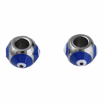 201 Stainless Steel Enamel Beads, Round with Evil Eye, Golden, Stainless Steel Color, Dark Blue, 8.5x8.5x6mm, Hole: 3mm