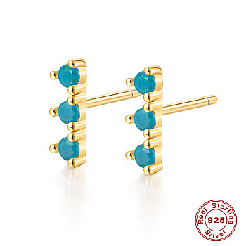 Golden Sterling Silver Micro Pave Cubic Zirconia Stud Earrings for Women, Rectangle Bar, Turquoise, 9x3mm