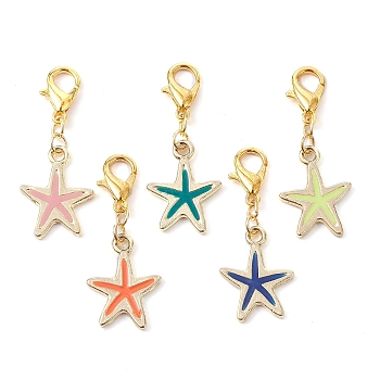 Starfish Alloy Enamel Pendant Decoration, with Zinc Alloy Lobster Claw Clasps, Mixed Color, 32mm