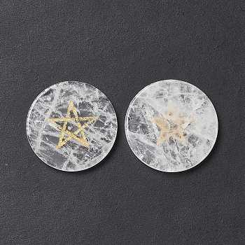 Natural Quartz Crystal Cabochons, Rock Crystal Cabochons, Flat Round with Pentagram Pattern, 25x2.5~3mm