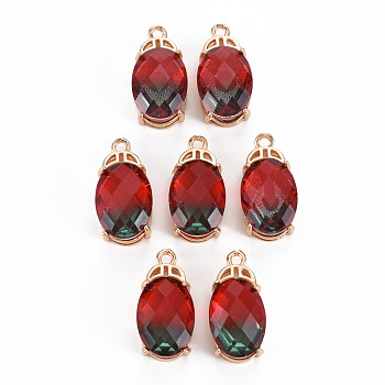 Rack Plating Brass Micro Pave Clear Cubic Zirconia Pendants, with Faceted Glass, Long-Lasting Plated, Cadmium Free & Lead Free, Oval, Dark Red, 20x10x7.5mm, Hole: 1.5mm