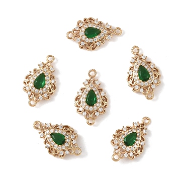 3Pcs Brass Micro Pave Cubic Zirconia Links Connectors, Long-Lasting Plated, Teardrop, Light Gold, Sea Green, 20x12x5mm, Hole: 1.4mm