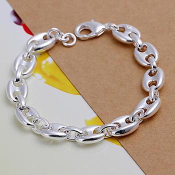 Brass Oval Link Bracelets For Women, with Lobster Clasps, Silver Color Plated, 180x8mm
