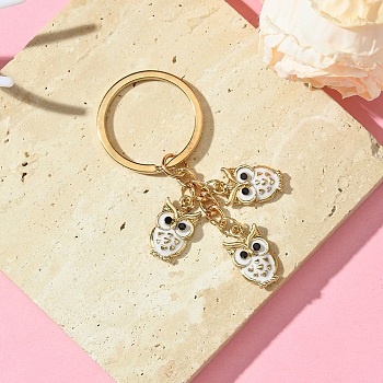 Alloy Enamel Keychain, with Iron Findings, Owl, White, 7.6cm