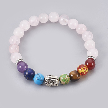 Natural Rose Quartz Stretch Bracelets, Chakra Jewelry, with Mixed Stone and Resin Beads, Metal Findings and Burlap Packing, Round, Buddha, 2 inch~2-1/8 inch(5.2~5.5cm)