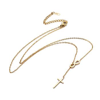 304 Stainless Steel Cable Chains Lariat Necklaces, with Lobster Claw Clasps, Infinity with Cross, Golden, 17.3 inch(44cm), 1mm