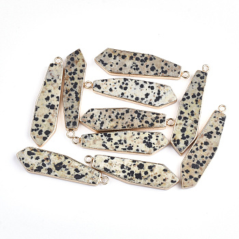 Electroplate Natural Dalmatian Jasper Pendants, with Iron Findings, Sword, Golden, 42~43x10~11x4mm, Hole: 2mm