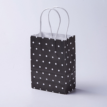 kraft Paper Bags, with Handles, Gift Bags, Shopping Bags, Rectangle, Polka Dot Pattern, Black, 21x15x8cm
