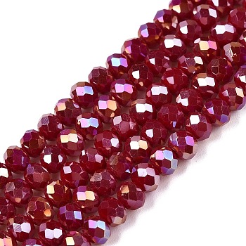 Electroplate Glass Beads Strands, Opaque Solid Color, AB Color Plated, Faceted, Rondelle, Brown, 4x3mm, Hole: 0.4mm, about 113~115pcs/strand, 41~41.5cm