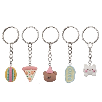 Bear/Cat/Food/Cloud Resin Keychain, with Iron Keychain Ring, Mixed Color, 70~81mm