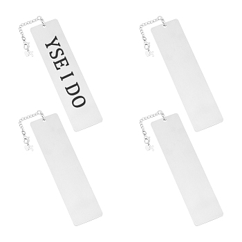 4Pcs Rectangle 201 Stainless Steel Blank Bookmarks, with 304 Stainless Steel Twisted Chains Curb Chain & Heart Cross Charms, Stainless Steel Color, 185mm