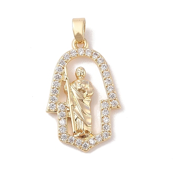 Brass Clear Cubic Zirconia Pendants, Long-Lasting Plated, Bell with God, Golden, 25x16x2.5mm, Hole: 4x2.5mm