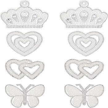 Fingerinspire 8Pcs 4 Style Glitter Hotfix Rhinestone, Iron on Patches, Dress Shoes Garment Decoration, with Imitation Pearl Beads, Crown & Butterfly & Double & Heart, White, 56~69x69~90x3~4mm, 2pcs/style