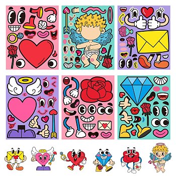 6 Styles Valentine's Day Themed Make-a-face Paper Stickers, Self-adhesive Make your Own Decals, Removable Sticker for Party Supplies, Angel & Dimond & Heart & Envelope & Rose Pattern, Mixed Color, 170x140mm, 6pcs/set