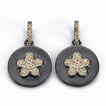 Brass Micro Pave Clear Cubic Zirconia Pendants, Nickel Free, Real 16K Gold Plated, Flat Round with Flower, Gunmetal, 20x17x3.5mm, Hole: 3x6mm