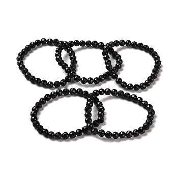 Natural Black Tourmaline Beaded Stretch Bracelets, Faceted Round, Inner Diameter: 2~2-1/4 inch(5.2~5.5cm)