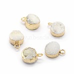 Natural Druzy Quartz Charms, with Brass Findings, Flat Round, Golden, WhiteSmoke, 10~11x7~8x3~9mm, Hole: 2mm(G-P396-07G-03)