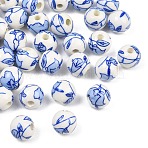 Floral Printed Porcelain Beads, Flower Patterned Ceramic Beads, Round, Cornflower Blue, 10mm, Hole: 3mm(PORC-Q200-10mm-2)