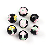 Handmade Porcelain Beads, Hand Painted Ceramic Beads, Famille Rose Porcelain, Round & Flower, Black, 12.5~13mm, Hole: 2.5mm(X1-PORC-N009-05F)