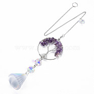 Natural Amethyst Big Pendants, with Platinum Brass Chain Extender and Findings, Plating Glass Teardrop & Flower, Clear AB Color, Flat Round with Tree of Life, 140mm, Hole: 3.5x5.5mm(G-N333-009E)