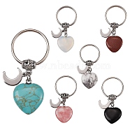 6Pcs 6 Style Synthetic & Natural Gemstone Keychain, with Alloy Tube Bails, 304 Stainless Steel Moon Pendants and Iron Split Key Rings, Heart, 5.5cm, 1pc/style(KEYC-SZ0001-11)