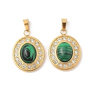 Synthetic Malachite Oval Pendants, 304 Stainless Steel Rhinestone Charms, Ion Platng(IP), Golden, 22.5x17x6.5mm, Hole: 5.5x2.5mm(STAS-L280-15G)