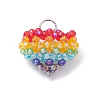 Glass Beaded Heart Pendants, with Stainless Steel Wire Wrapped Findings, Colorful, 34x34x18.5mm, Hole: 8mm(PALLOY-JF02093)