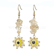 Evil Eye Natural Citrine Chip & Seed Beads Dangle Earrings, 304 Stainless Steel Jewelry for Women, Golden, Yellow, 61~63x18mm(EJEW-MZ00166-02)