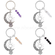 1 Set Gemstone Round Beaded Keychain, with Tibetan Style Alloy Pendant and Iron Findings, Moon & Sun & Angel, Antique Silver, 85mm, 4pcs/set(KEYC-FH0001-42)