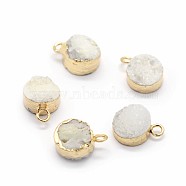 Natural Druzy Quartz Charms, with Brass Findings, Flat Round, Golden, WhiteSmoke, 10~11x7~8x3~9mm, Hole: 2mm(G-P396-07G-03)