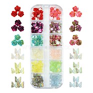 180Pcs 12 Styles Spray Painted Resin Cabochons, Nail Art Decoration Accessories, Two Tone Color, Flower & Butterfly, Mixed Color, 6~6.5x6~6.5x3~3.5mm, about 15pcs/style(MRMJ-FS0001-03)