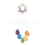 Brass Wire Wrapped Chakra Natural Gemstone Chips Hanging Ornaments, Natural Agate Plate Tassel Wind Chime for Home Outdoor Decorations, Star, 522mm(AJEW-B028-01G-01)