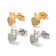 Rack Plating Brass Micro Pave Clear Cubic Zirconia Heart with Crown Ear Studs, Long-Lasting Plated, Cadmium Free & Lead Free, Mixed Color, 10x6.5mm, Pin: 0.7mm(EJEW-F301-03)