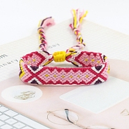 Ethnic Style Rhombus Polyester Braided Cord Bracelet, Adjustable Bracelet, Pink, 5-7/8 inch(15cm)(PW-WGA14C8-05)