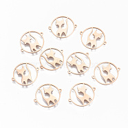 304 Stainless Steel Links Connectors, Laser Cut, Flat Round with Cat, Rose Gold, 15x18x1mm, Hole: 0.8mm(STAS-S116-095RG)