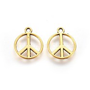 Tibetan Silver Charms, Cadmium Free & Nickel Free & Lead Free, Peace Sign, Antique Golden, about 14mm in diameter, 1mm thick, Hole: 1.5mm(GAB3482Y-NF)