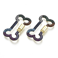 Brass Micro Pave Cubic Zirconia Screw Carabiner Lock Charms, for Necklaces Making, Bone, Nickel Free, Real 16K Gold Plated, Colorful, 33x20x3mm, Screw: 8x5mm(ZIRC-N039-011B-NF)