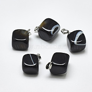Natural Banded Agate/Striped Agate Pendants, Dyed, with Stainless Steel Snap On Bails, Cube, Stainless Steel Color, Black, 24~29x19~25x17~25mm, Hole: 3~4x7~8.5mm(G-T122-19J)