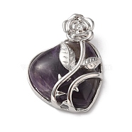 Natural Amethyst Pendants, Heart Charms, with Rack Plating Platinum Tone Alloy Rose, Cadmium Free & Lead Free, 41~42x37~38x11~12mm, Hole: 5.3x5.2mm(G-B042-01P-05)