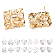 BENECREAT 20Pcs Brass Stud Earring Findings, with Loop and Stainless Steel Pins, Nickel Free, Rhombus with Imitation Woven Rattan Pattern, with Ice Pick Pinch Bails, with 70Pcs Plastic Ear Nuts, Real 18K Gold Plated, 26x26mm, Hole: 3mm, Pin: 0.7mm(KK-BC0007-94)