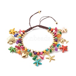 Ocean Animal Theme Braided Bead Bracelet, Synthetic Turquoise & Natural Chip Shell & Glass Beads Bracelet, Starfish & Heart & Dolphin Drop Charm Bracelet for Women, Colorful, Inner Diameter: 2~3.43 inch(5.2~8.7cm)(BJEW-JB07285)