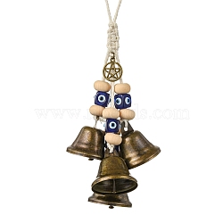 Iron Witch Bells for Door Knob Protection, Witch Wind Chimes Door Hanger, Wood Beaded & Resin Evil Eye and Cotton Cord Home Hanging Decor, Antique Bronze, 260mm(HJEW-JM02186)