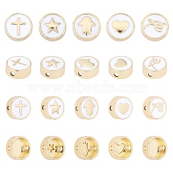 ARRICRAFT Brass Enamel Beads, Long-Lasting Plated, Flat Round, White, Golden, 11x4.5mm, Hole: 1.8mm, 10pcs/box(KK-AR0001-89G)