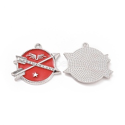 Alloy Enamel Pendants, with Rhinestone, Flat Round with Arrow Charm, Platinum, 25.5x30x2.5mm, Hole: 1.8mm(ENAM-G213-06P)